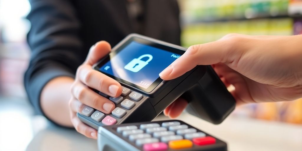 Person using a secure payment terminal with a padlock icon.