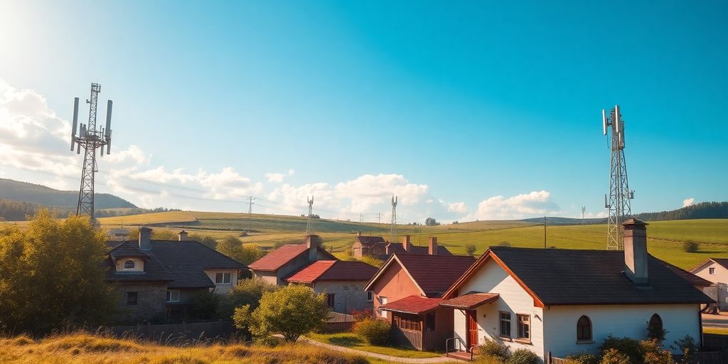 Paysage rural avec antennes 5G et connexion internet.