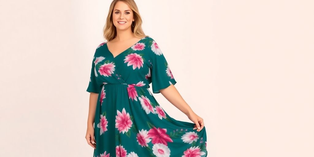 Plus size A-line dress in a vibrant floral pattern.