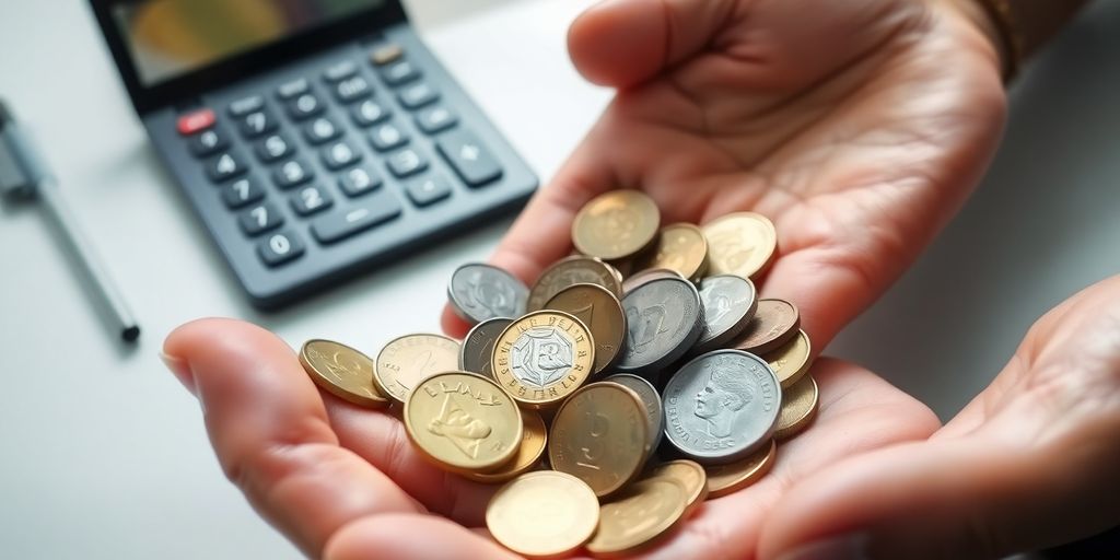 Hands with coins and calculator.