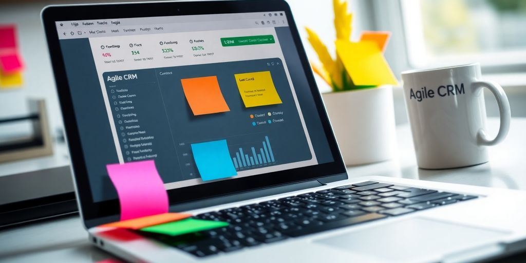 Laptop displaying Agile CRM dashboard in a bright workspace.