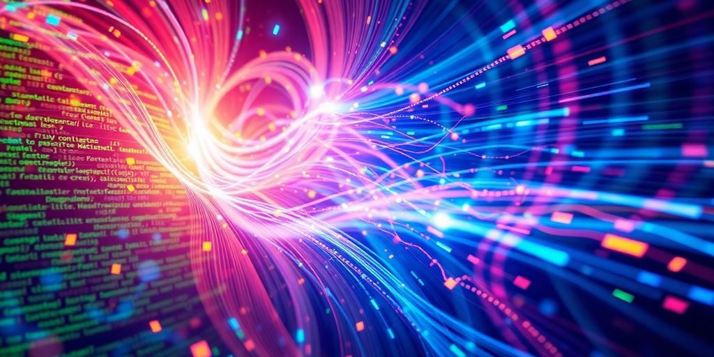 Python code flowing into abstract data visualizations.