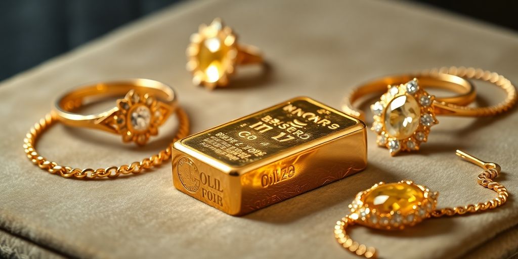 Lingots d'or et bijoux en or sur velours.