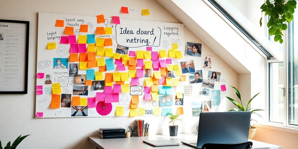Colorful idea board in a creative home office setting.