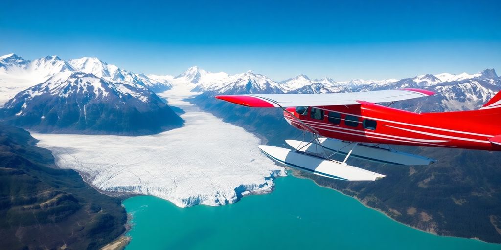 A small floatplane flies over Alaskan mountains and a glacier.