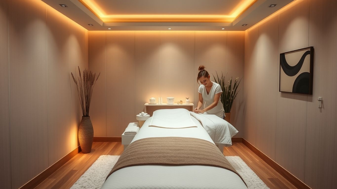 Serene spa room with massage table and calming decor