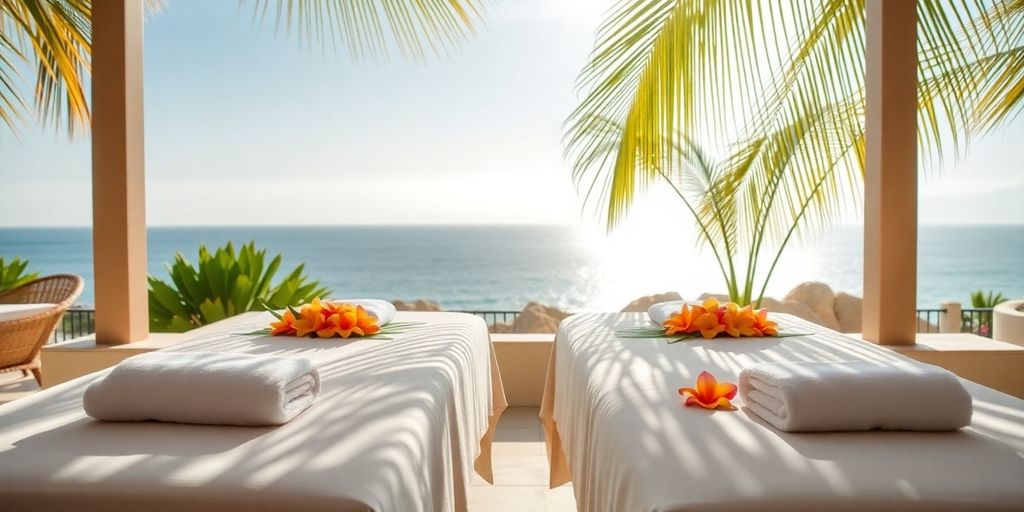 Cabo spa setting with massage beds, flowers, and ocean view