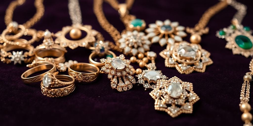 Bijoux anciens sur tissu de velours sombre.