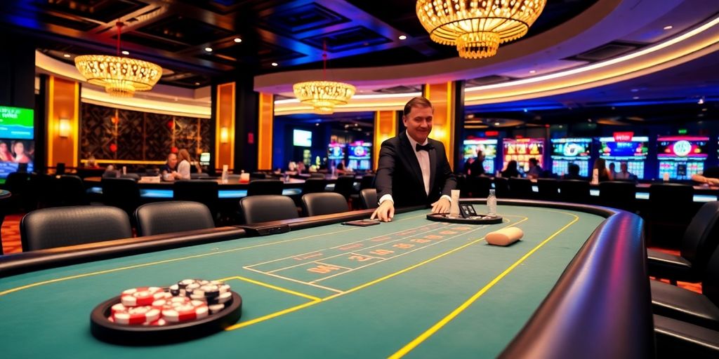 Live dealer casino table with professional dealer and players.