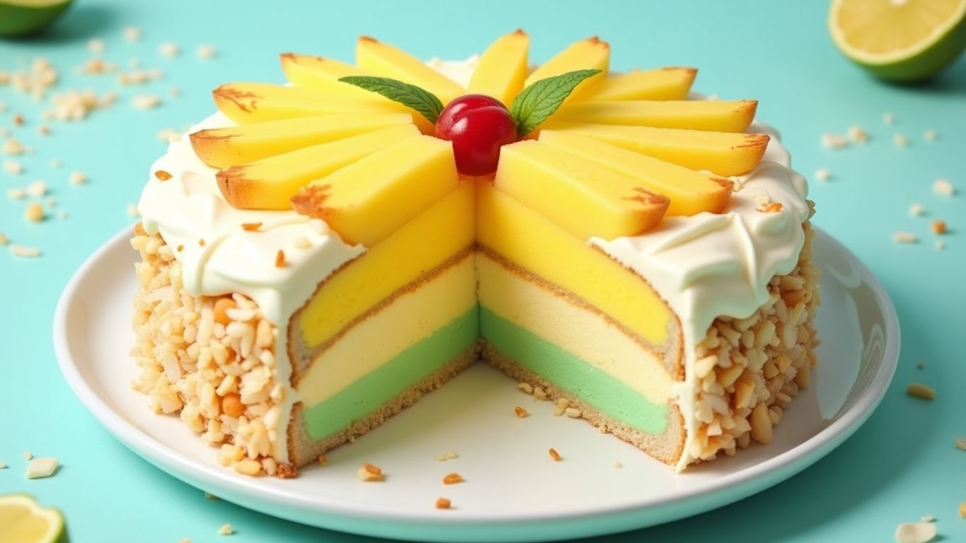 Bolo gelado de abacaxi e coco com frutas frescas.