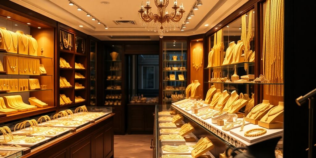 Vitrine de bijoux en or dans une boutique élégante.