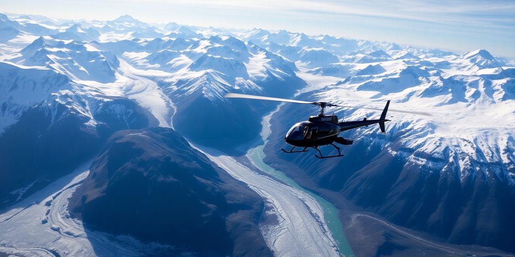 A red helicopter flies over a snowy Alaskan mountain range.