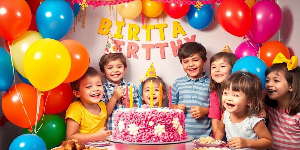 Children celebrating a vibrant birthday party with decorations.