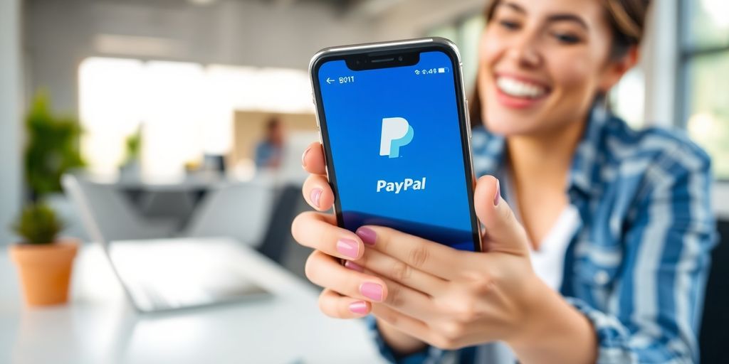 Smartphone showing PayPal app in a modern workspace.