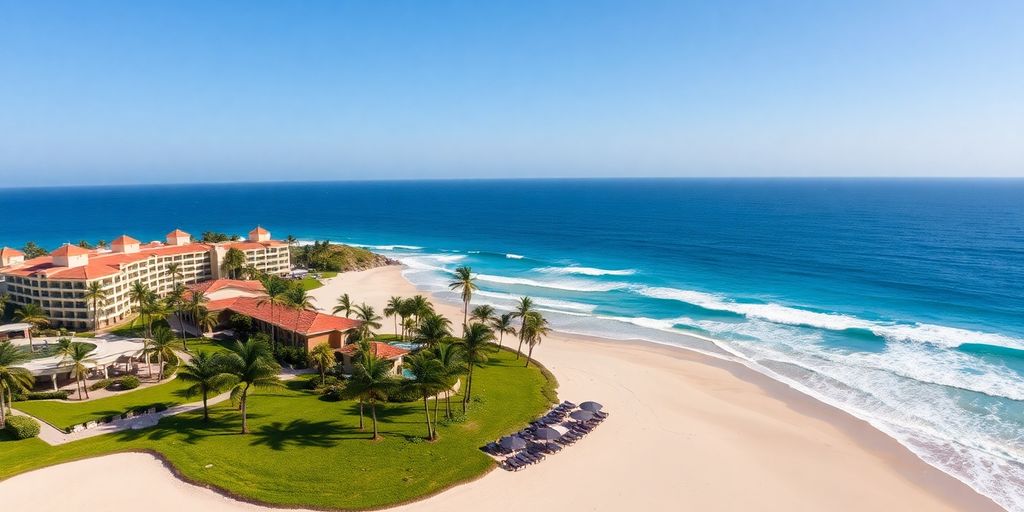 Resort on Pacific coastline, beach, and ocean.