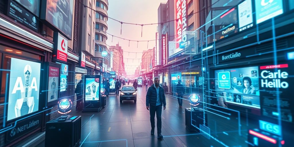 Augmented reality advertising activating in a vibrant cityscape.