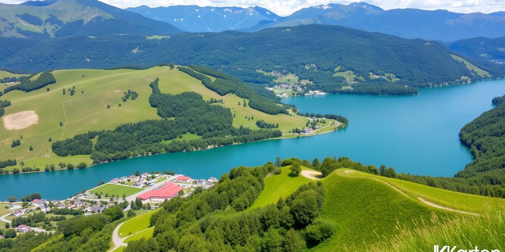 Landschaft von Kärnten mit Hügeln und See.