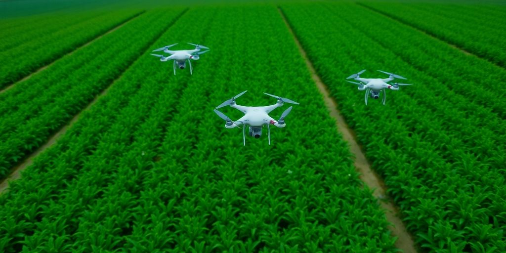 Vue aérienne d'une ferme avec drones survolant des cultures.