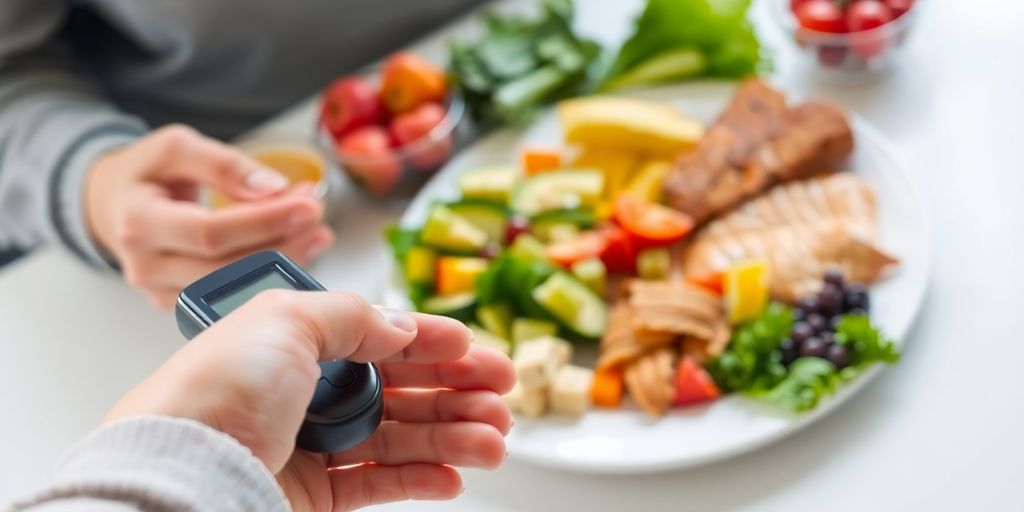Person checking blood glucose, healthy food, small portions.