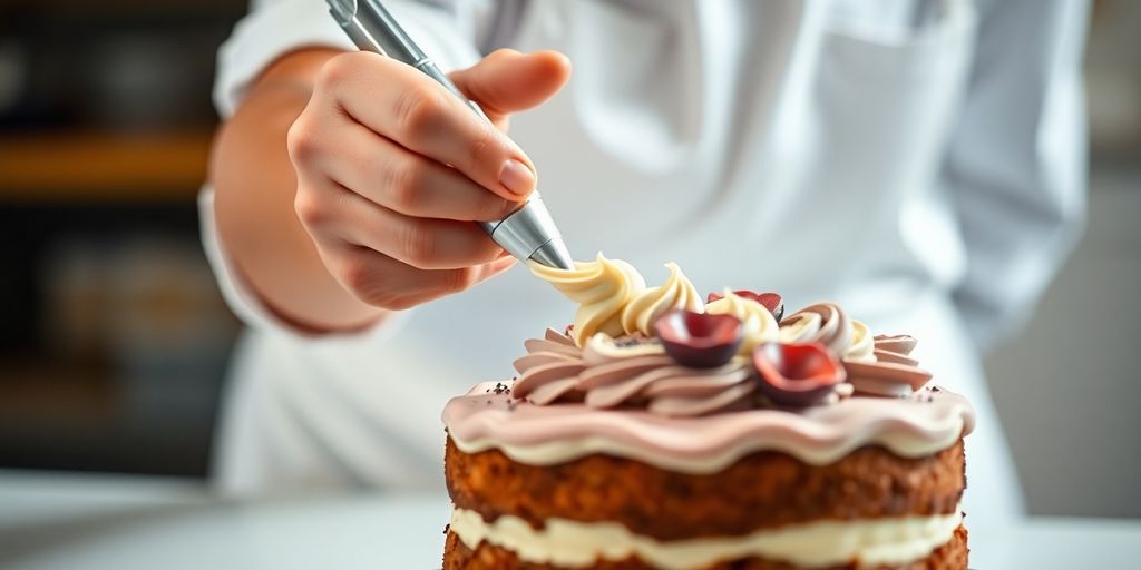 Baker decorating a cake with frosting.