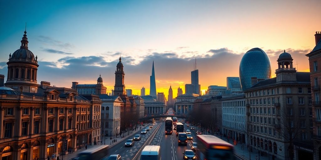 UK city skylines under a sunrise.
