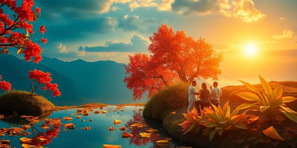 Un paysage doré avec des éléments naturels vibrants.