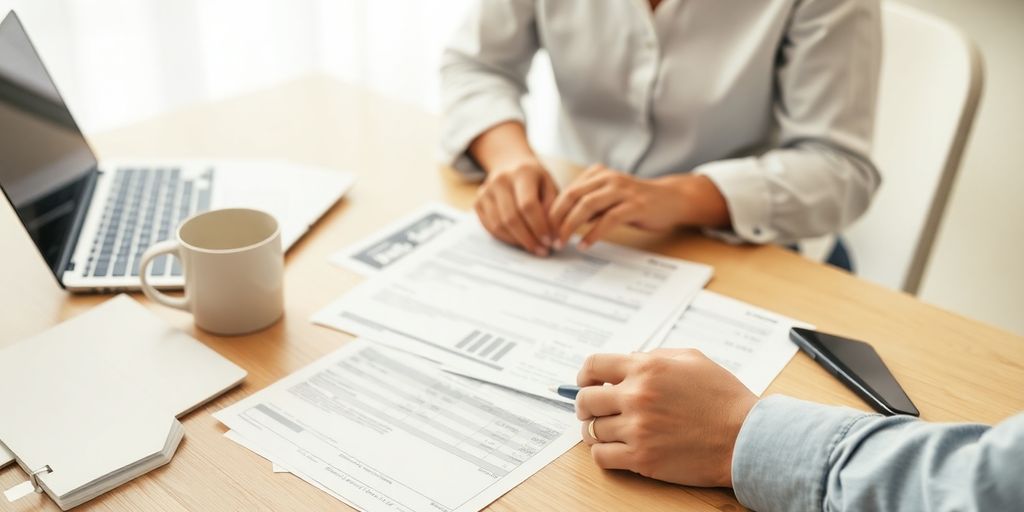 Henkilö järjestämässä talousasiakirjoja pöydällä.