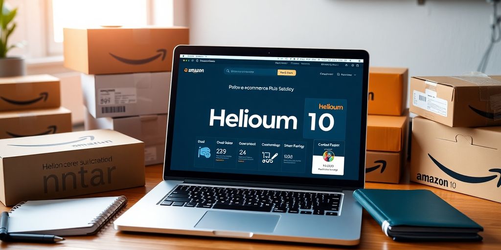 Laptop with Helium 10 and Amazon products on desk.