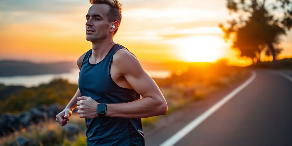 Runner with gadgets sprinting at sunrise.