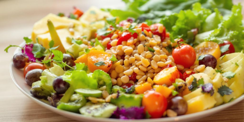 Colorful healthy meal with fruits, vegetables, and grains.