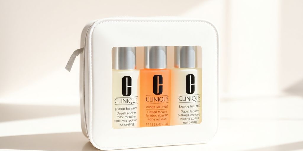 Clinique travel set with skincare bottles.
