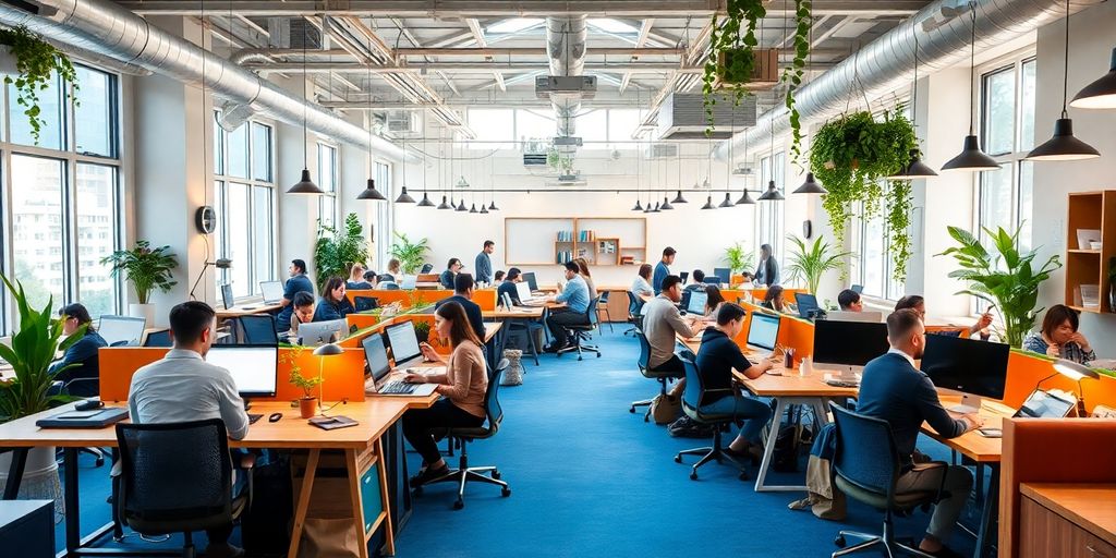 Spacious coworking space with modern design and greenery.