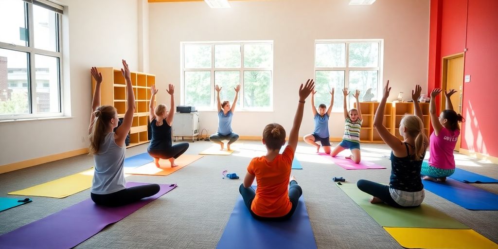 Students practicing yoga on colorful mats in a classroom.