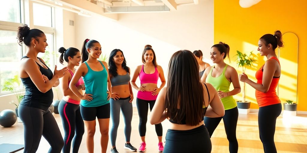 Diverse fitness mentors guiding clients in a wellness studio.