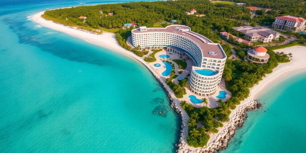 Hotel Nizuc Resort and Spa Cancun aerial view, turquoise waters, white sand beach.