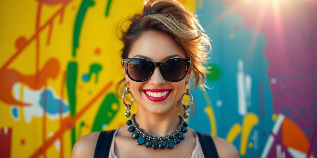 Woman smiling in a bright, stylish outfit.