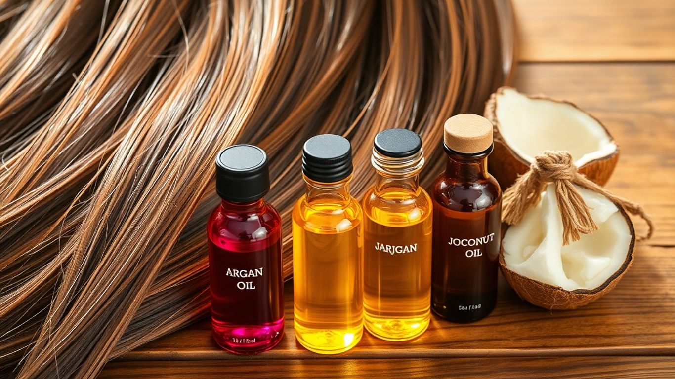 Healthy hair with glass bottles of plant-based oils nearby