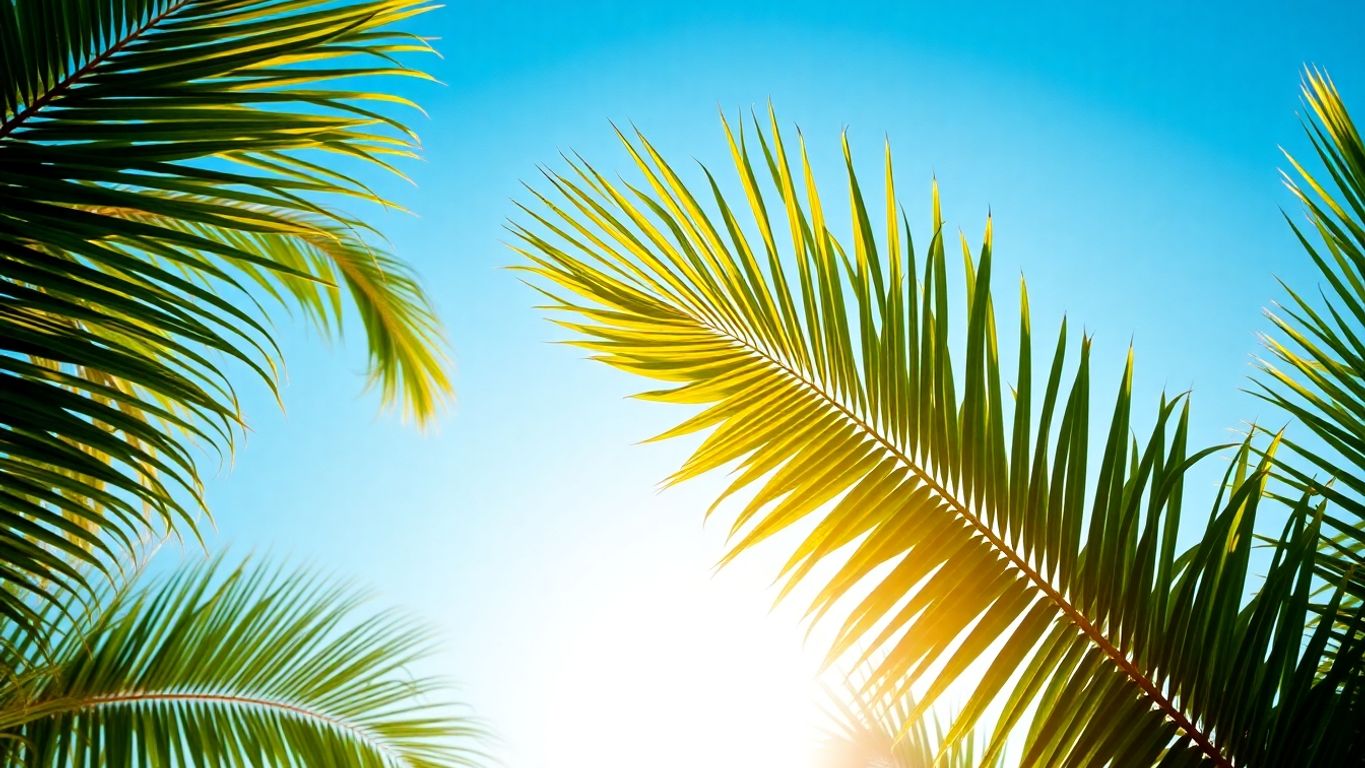 Growing palm tree fronds reaching upwards towards a bright sun.