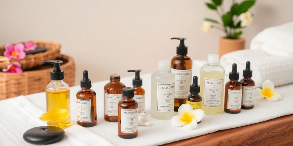 Masaj yağı ve ürünleri içeren huzurlu bir spa görüntüsü.