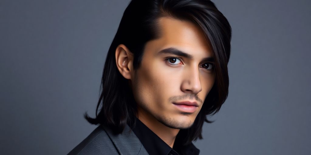 Man with long, sleek, dark hair, neutral background.