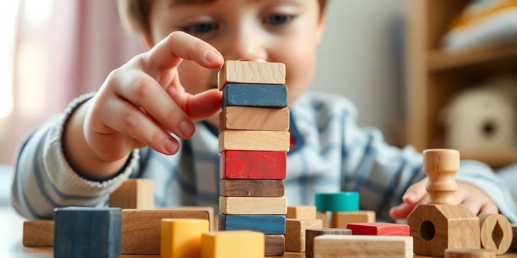 Bambino gioca con giocattoli di legno educativi.