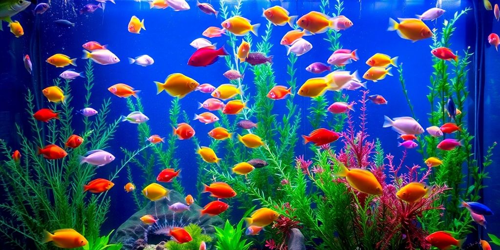 Makukulay na isda na lumalangoy sa isang masaganang aquarium.