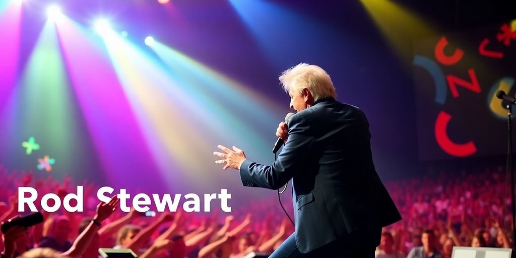 Rod Stewart performing live with energetic crowd and lights.