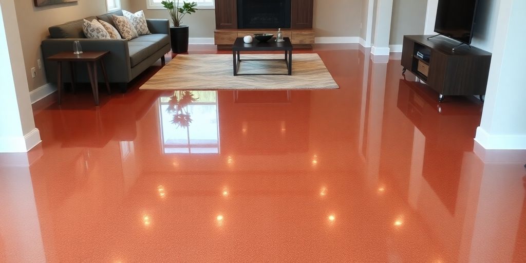 Glossy epoxy floor in a bright, modern living room.