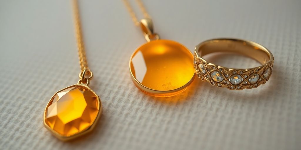 Pendentif en or brillant à côté d'une bague sertie.