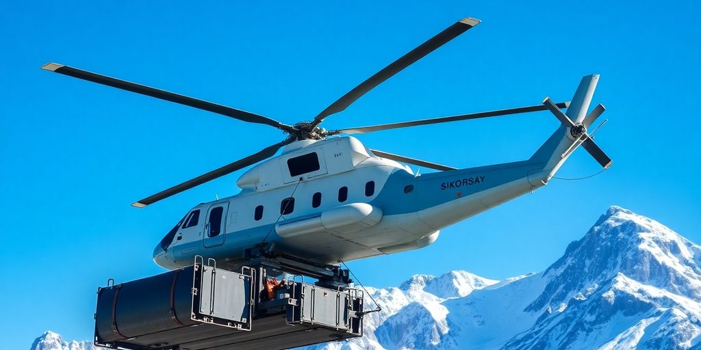 A Sky Crane helicopter lifts cargo in mountainous Alaska.