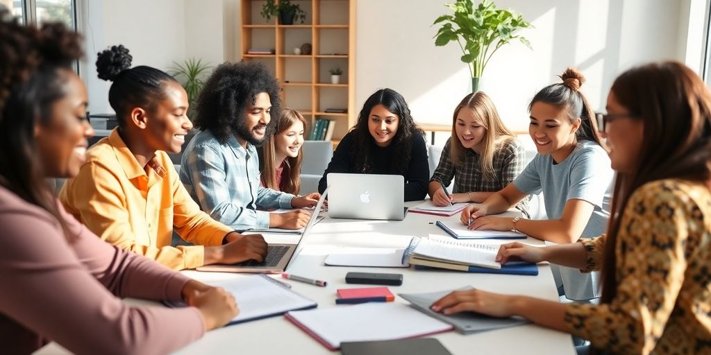 Students collaborating in a bright, inviting workspace.