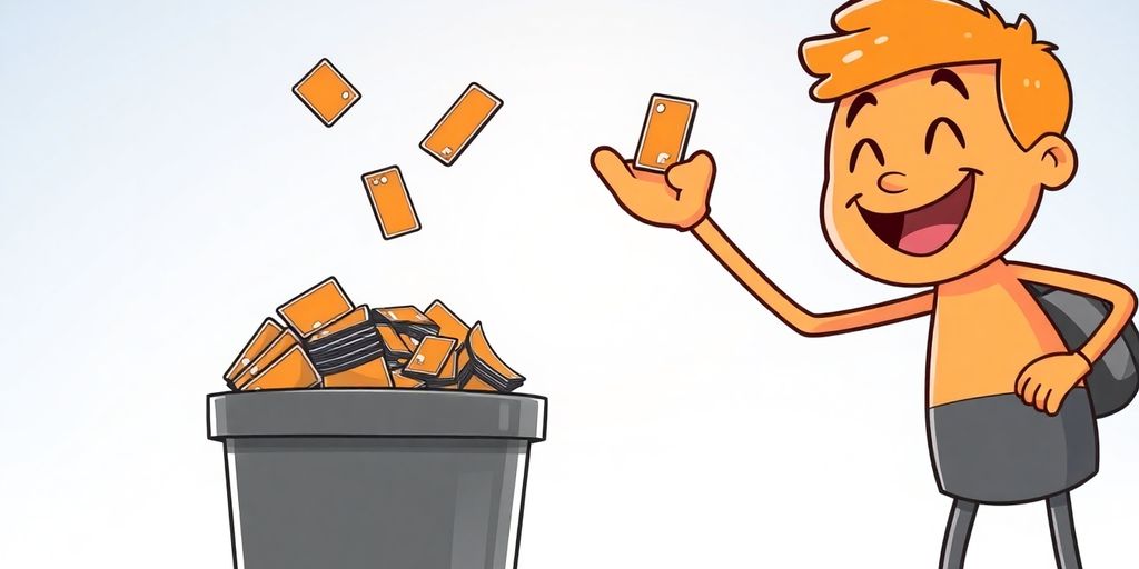 Cartoon character happily paying off credit card debt.