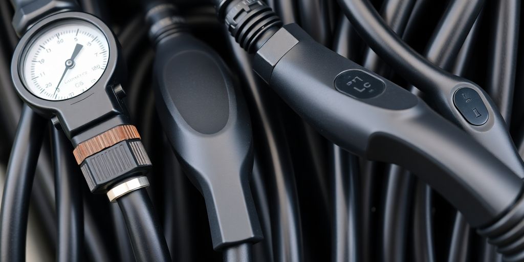 Different gauge electric vehicle charging cords on display.