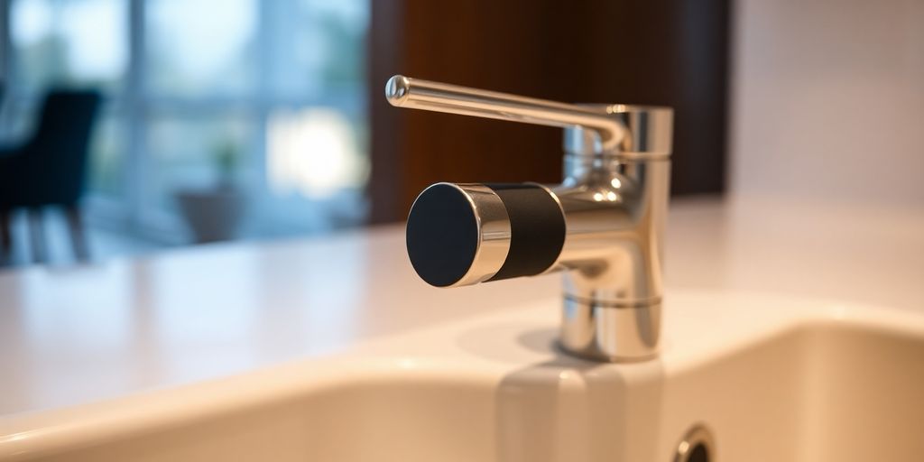 Chrome and matte black kitchen faucet.